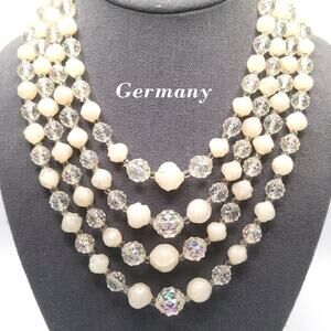 Vintage Germany Lucite Bead Necklace 4 Strand White AB 1950s Choker